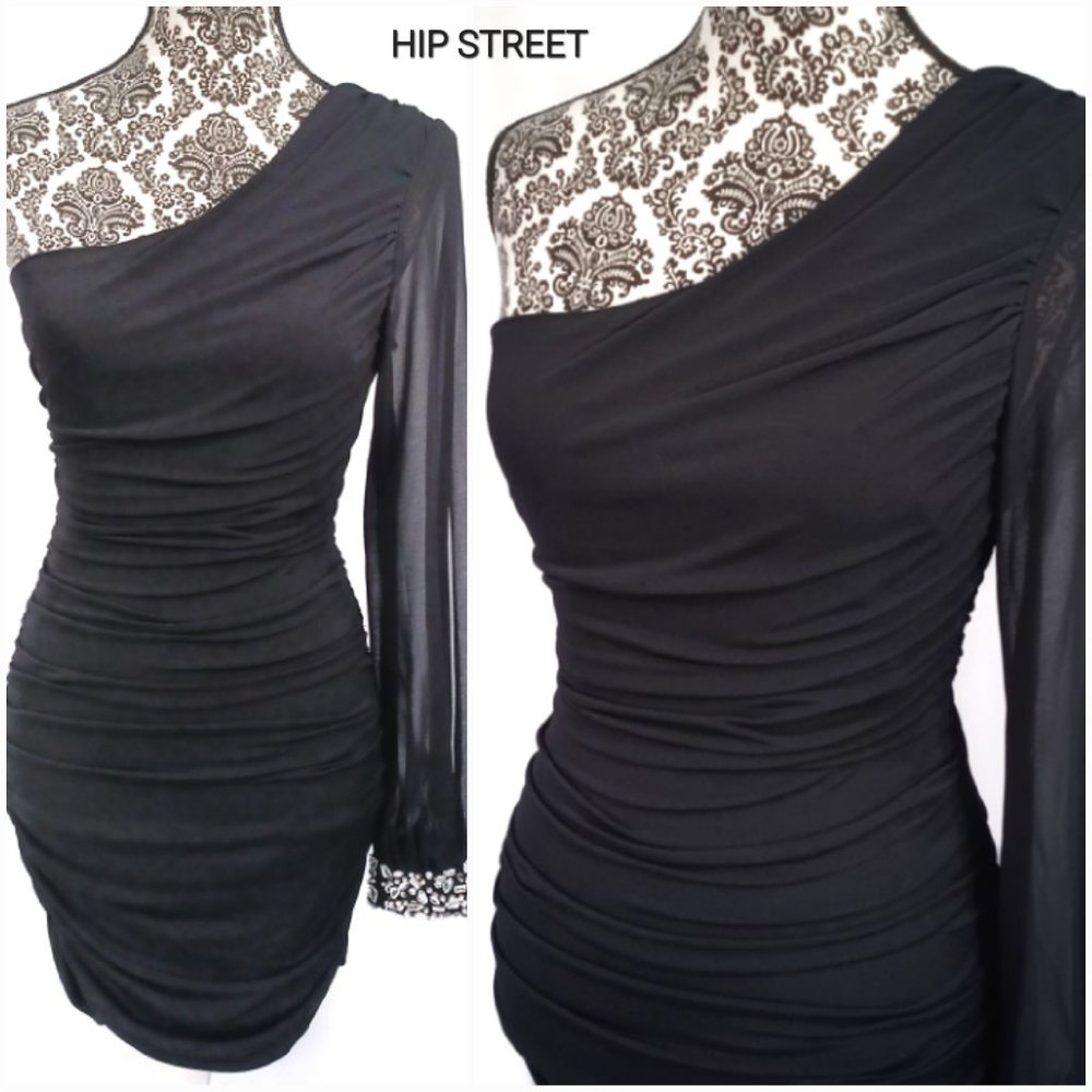 CITY TRIANGLES Dress One Shoulder LS Jeweled Cuff Bodycon Drape Stretch Party M